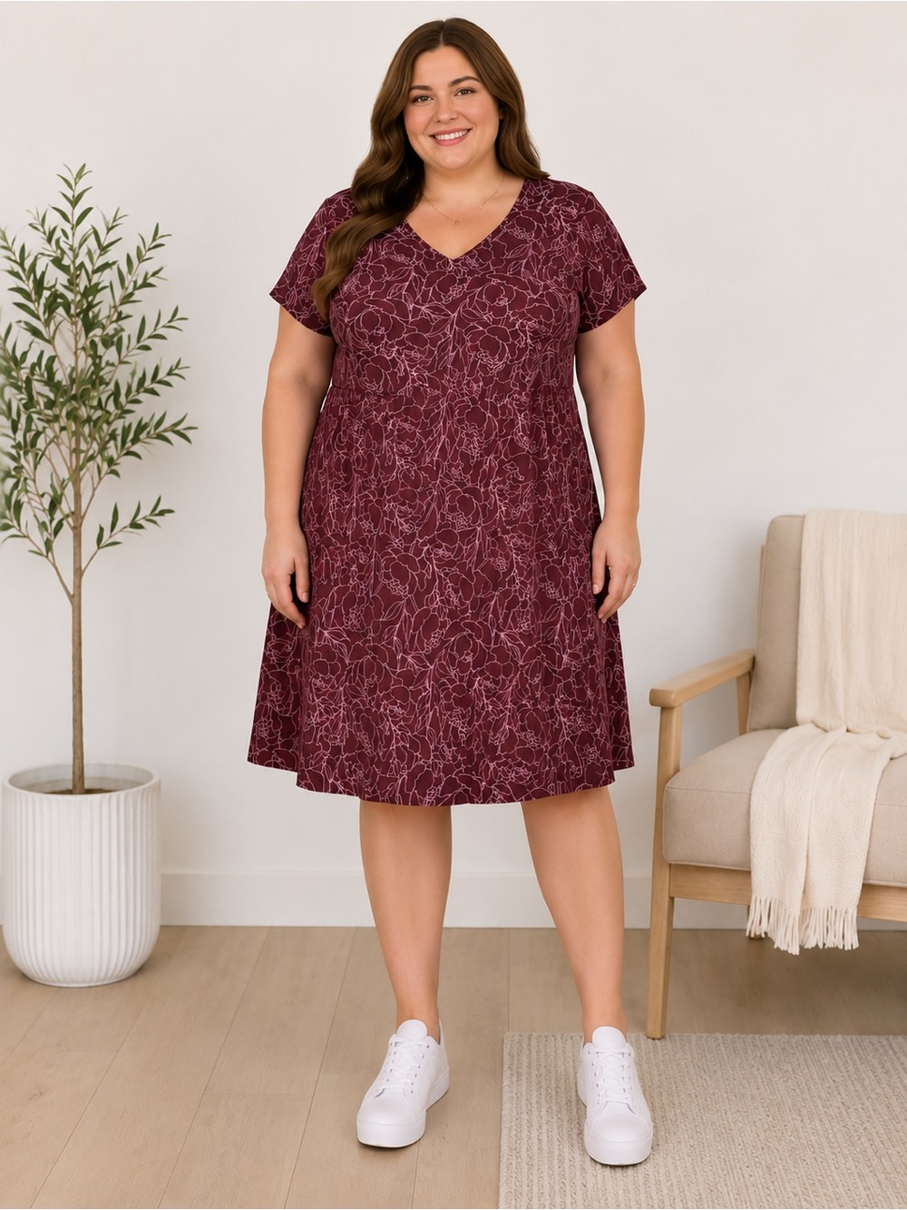 Duluth Trading Co V-Neck Short Sleeve Floral Midi Dress - Burgundy